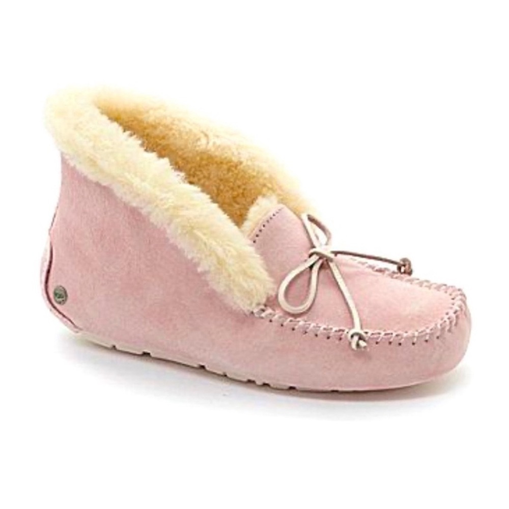 UGG Pink Suede Shearling Moccasin Bootie Slipper